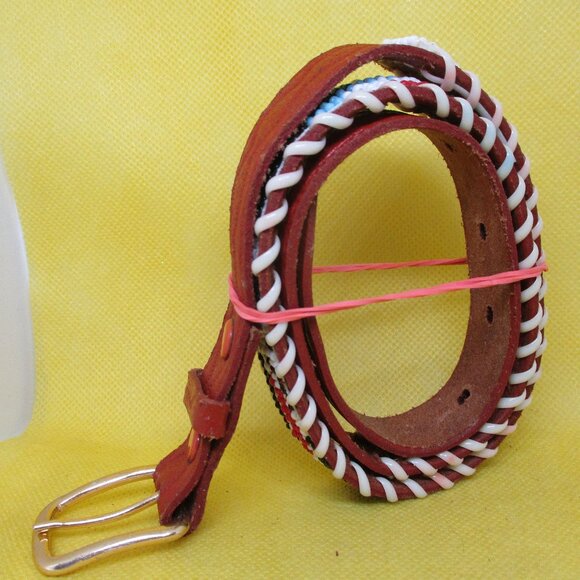 Seed Bead Tan Embossed Genuine Leather Belt Gold Tone Buckle Southwestern Belt - Picture 5 of 7